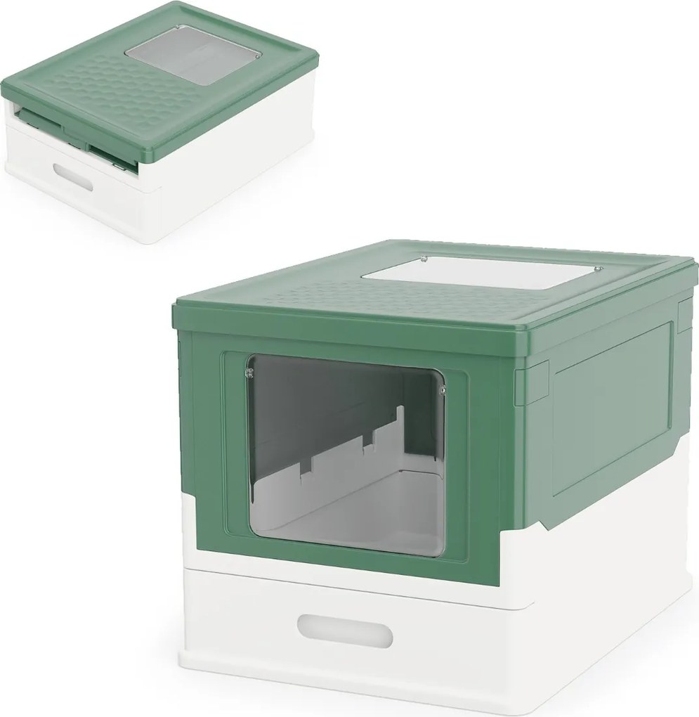 Caixa de areia dobrável 50 x 37,5 x 36,5 cm com tampa fechada, entrada frontal e saída rebatível, bandeja portátil para gatos até 10 kg Verde