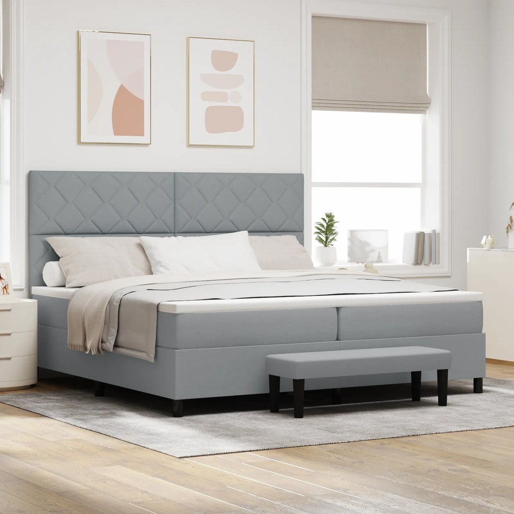 vidaXL Cama Box Spring com colchão e banco Cinza Claro 200x200 cm Tecido