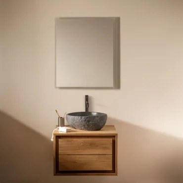 Conjunto De Móvel De Casa De Banho Suspenso Em Madeira De Teca Jabari Madeira De Teca & Irregular Em Cimento Preto ↔︎40 Cm - Sklum