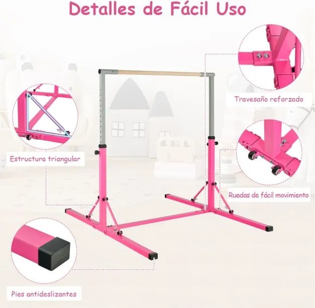 Barra de ginástica infantil dobrável com 13 alturas ajustáveis Estrutura triangular para ginásio em casa Carga 100 kg Rosa