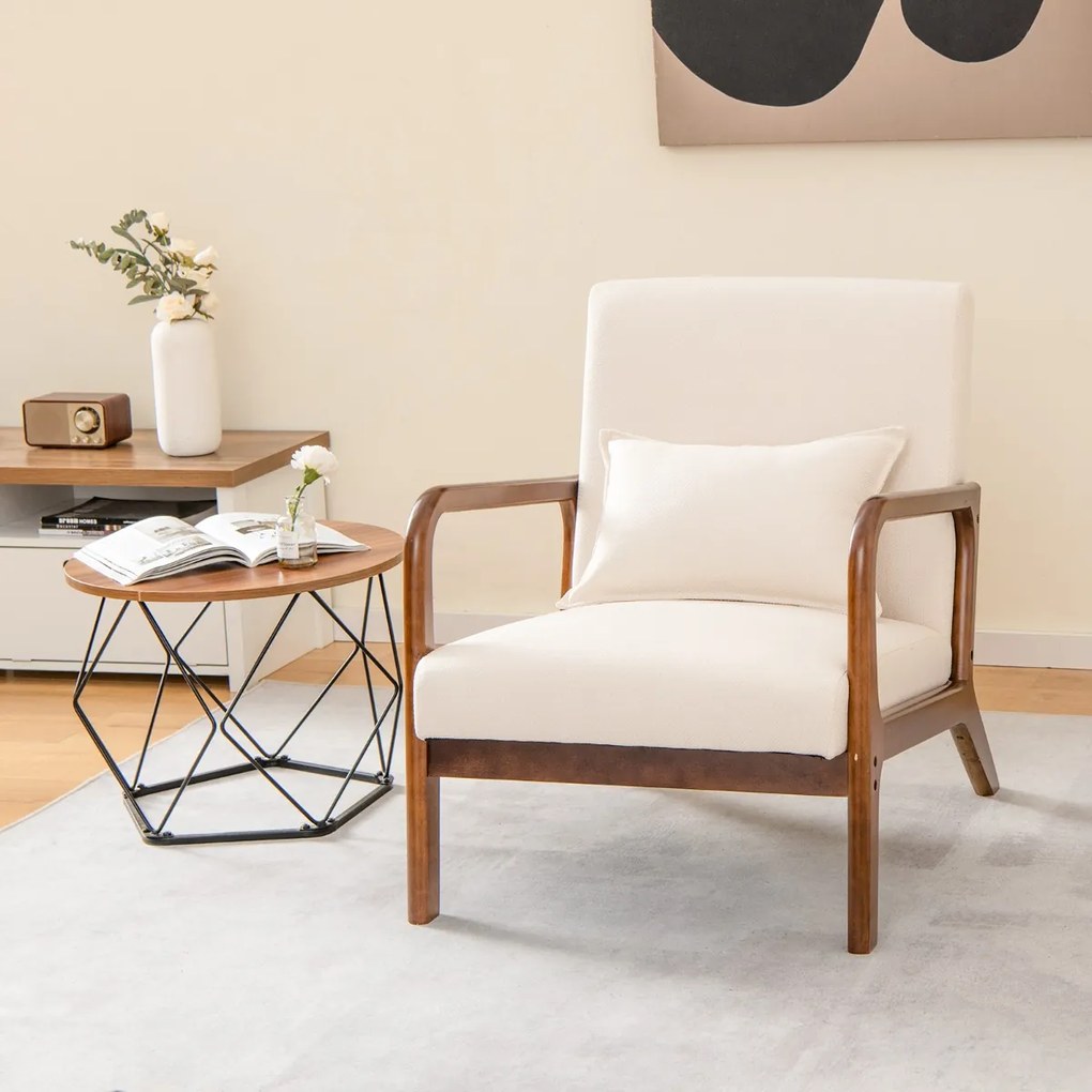 Poltrona Moderna 79 x 65 x 77 cm com Estrutura em Madeira de Borracha Almofada Lombar Almofadas de Feltro Antiderrapantes Bege