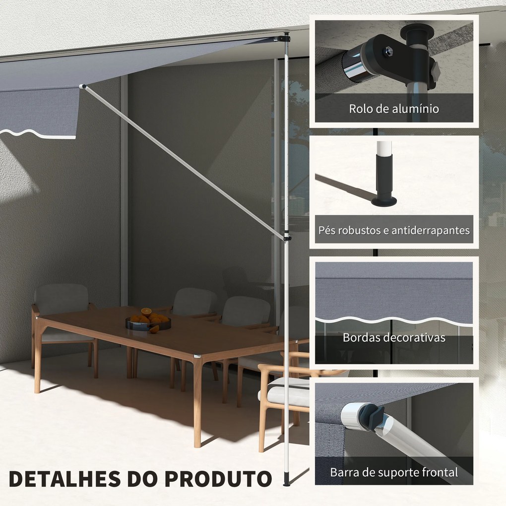 Toldo Manual Retrátil 4x1,2 m Altura Ajustável 170-280 cm com Manivela Anti-UV e Impermeável Sem Perfuração Cinzento Escuro