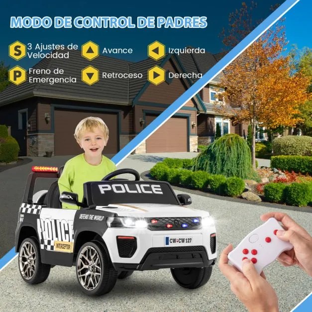 Carro de polícia elétrico com bateria de 12V 7A para crianças com Controlo remoto Sirene de música e luz LED intermitente Preto+Branco
