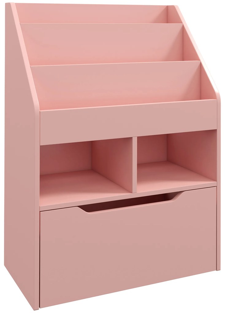 HOMCOM Estante de Madeira para Brinquedos com 3 Compartimentos 2 Prateleiras e Gaveta Móvel com 4 Rodas 60x29,9x90 cm Rosa