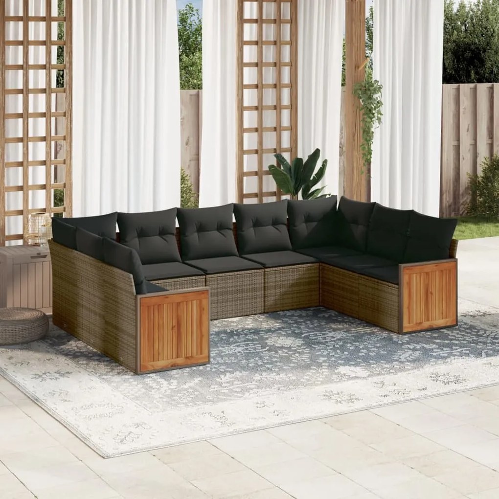 9 pcs conjunto sofás p/ jardim com almofadões vime PE cinzento