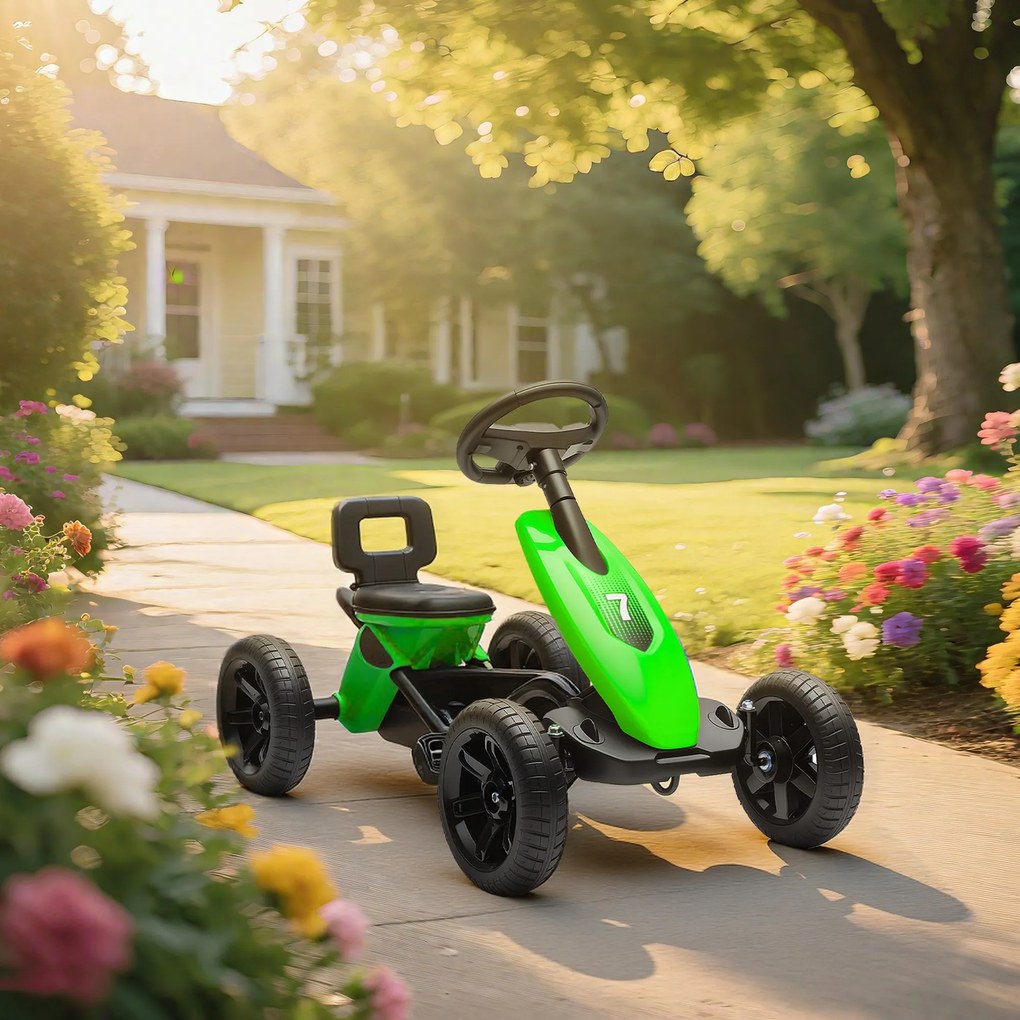 Kart a pedais para crianças, karting infantil para idades entre os 2 e os 5 anos com rodas silenciosas em EVA, com marcha à frente e à ré, verde