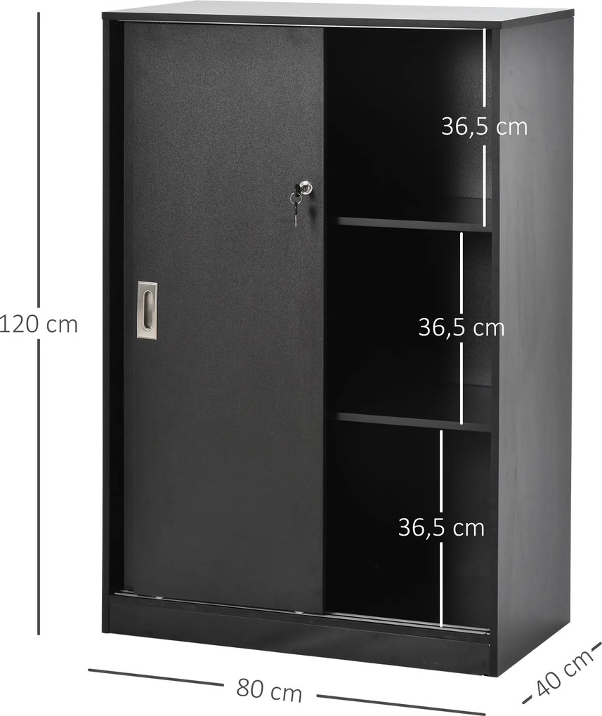 Armário de escritório com 2 portas de correr com fechadura, 80 x 40 x 120 cm, 2 prateleiras, painéis de aglomerado preto