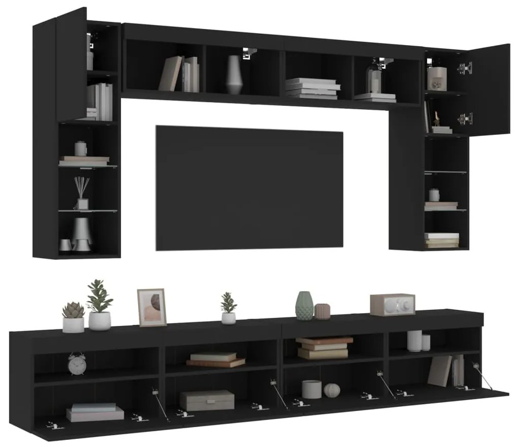 vidaXL 8 pcs conjunto de móveis de parede para TV com luzes LED preto
