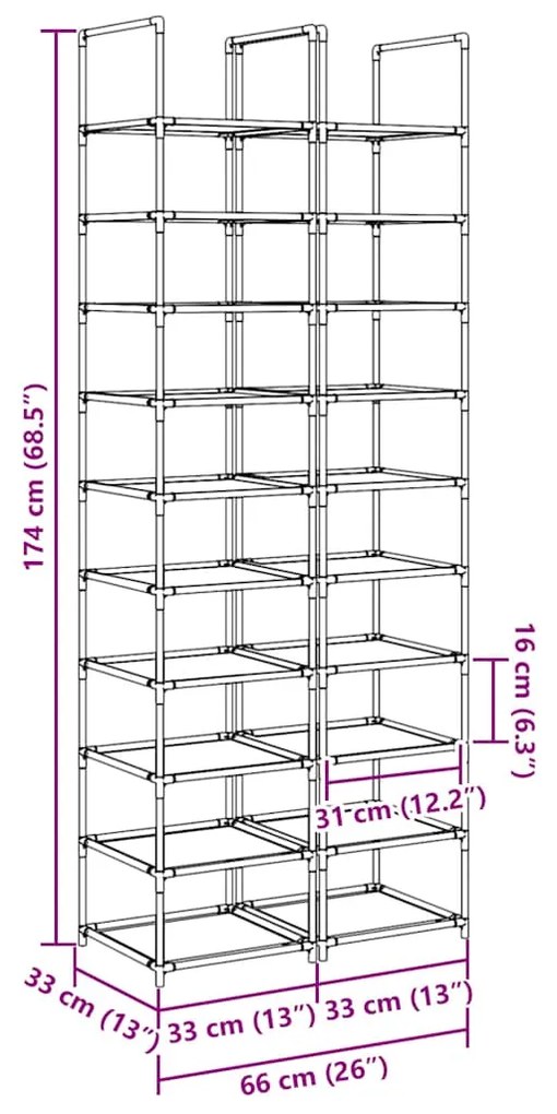 Sapateiras 2 peças de 10 níveis 33x33x174 cm Tecido não tecido