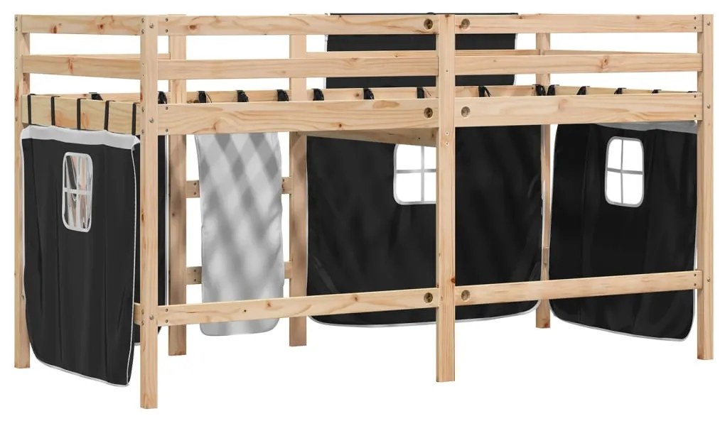 Cama alta criança c/ cortina 80x200cm pinho maciço branco/preto