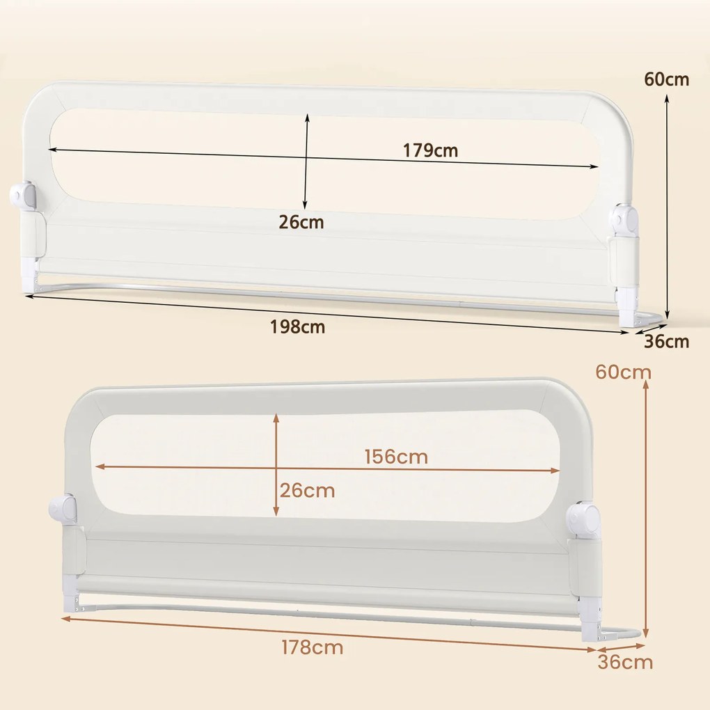Conjunto 2 Barreiras segurança bebés dobrável para cama 178 / 198 x 36 x 60 cm com altura ajustável, capa removível em tecido Oxford, base em U e corr