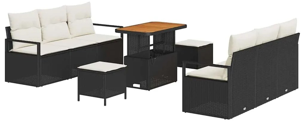 Conjunto de Sofá de Jardim 9 Peças com Almofadas Pretas em Poly Rattan