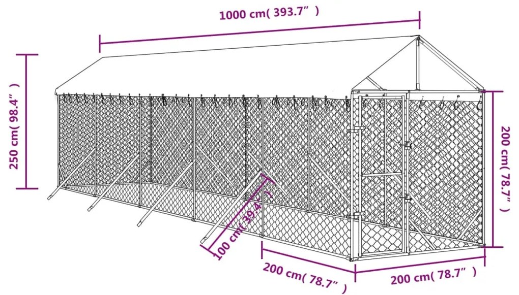 Canil de exterior com teto 2x10x2,5 m aço galvanizado prateado