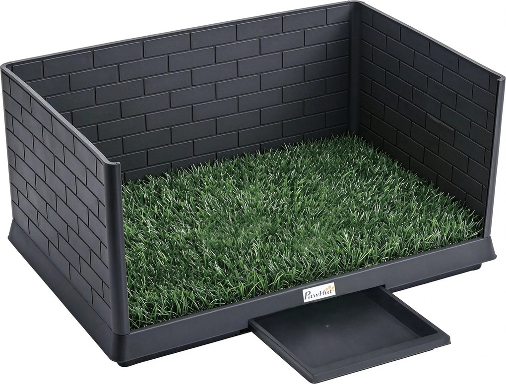 PawHut Sanita para Cães com Relva Artificial 75x51x36,5 cm com Paredes Altas Bandeja Deslizante e Fácil de Limpar Preto | Aosom Portugal