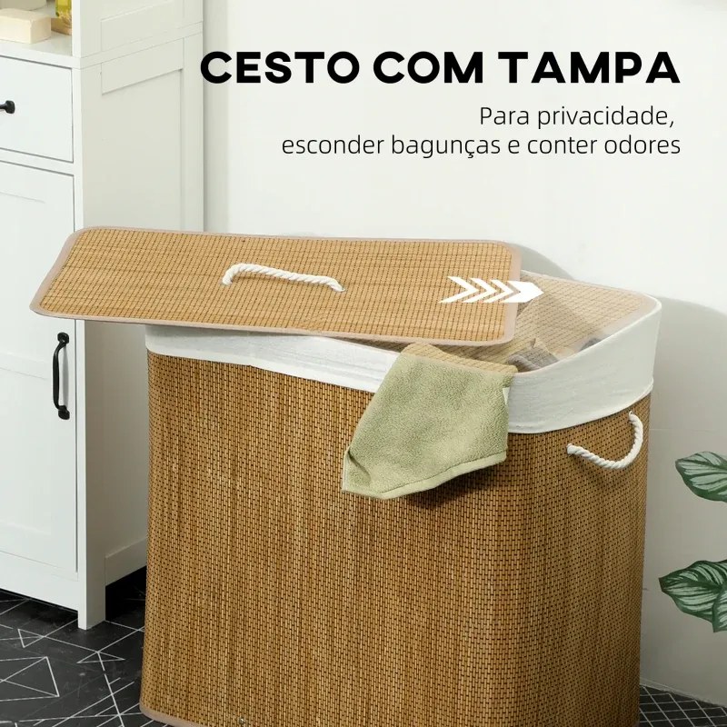 Cesto de Roupa Suja com Tampa 144L de Bambu com 3 Compartimentos 60x40x60 cm Castanho