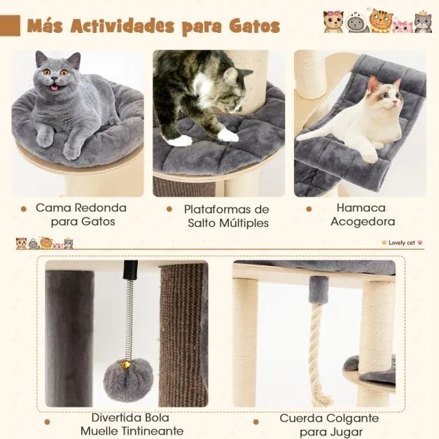 Arranhador para gatos com vários níveis e postes para arranhar Mobiliário moderno para gatos de interior 95 x 68 x 173 cm Cinzento