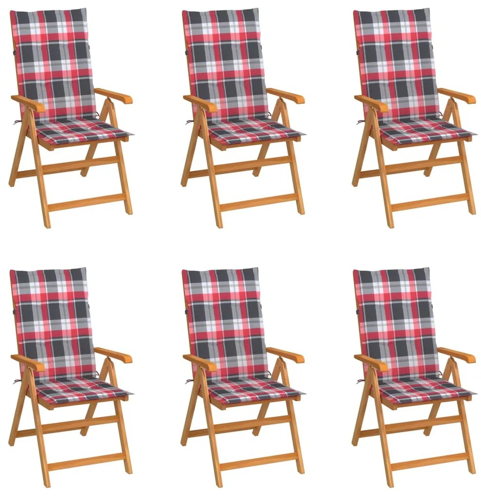 vidaXL Cadeiras jardim c/ almofadões xadrez vermelho 6 pcs teca maciça