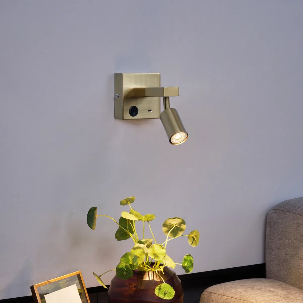 Candeeiro de Parede Moderno Dourado com USB-C Inclinável - Rex