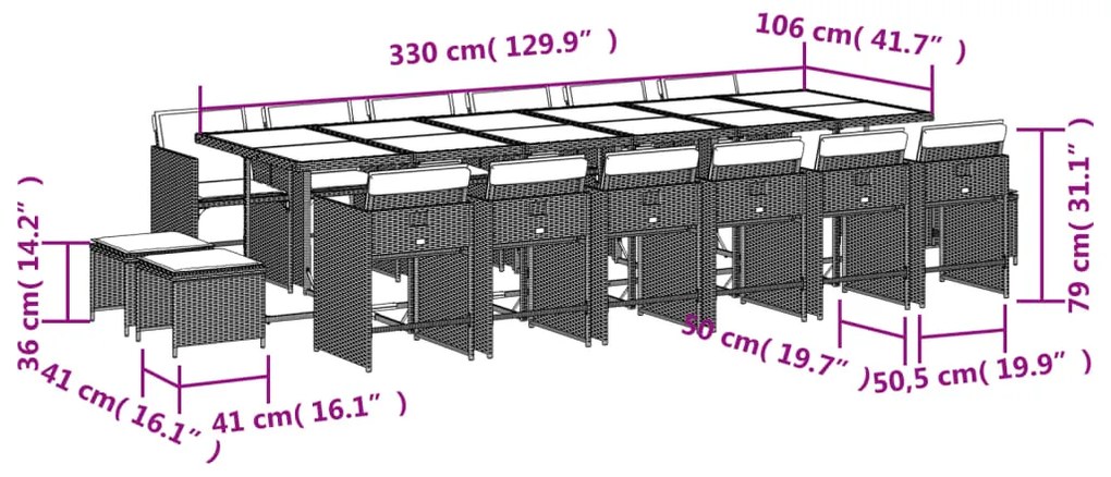 17 pcs conjunto de jantar p/ jardim c/ almofadões vime PE bege