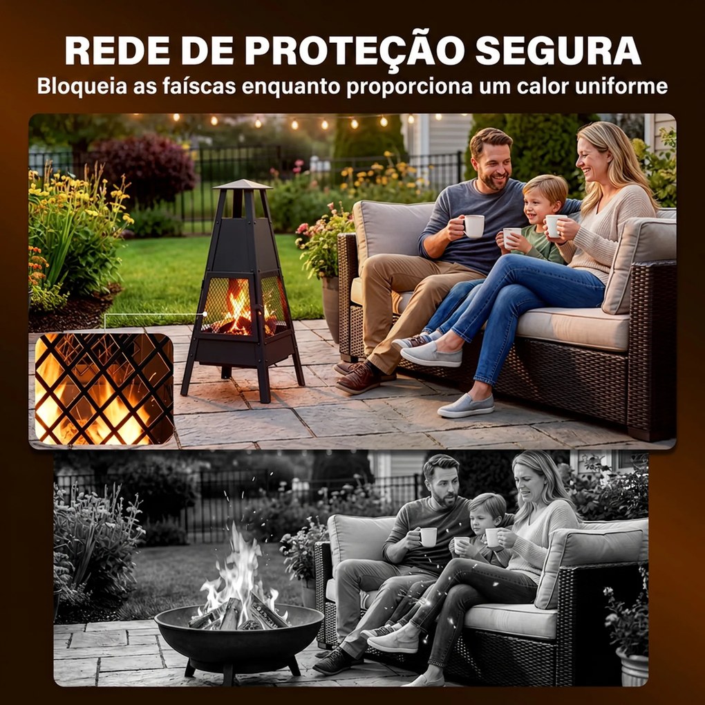 Braseiro de Exterior com Chaminé Cónica 41x40,5x97 cm em Aço Carbono com Malha de Proteção para Pátio e Terraço Preto