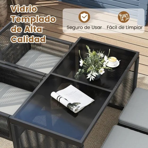 Conjunto de Móveis de Rattan Cadeira de Rattan PE e Mesa de Vidro Temperado com Pufes para Jardim Cinzento e Preto