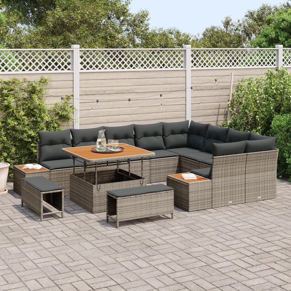 Conjunto de Sofás de Jardim de 12 Peças com Almofadas Cinza Vime PE Ac
