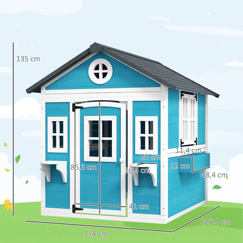 Casinha de Madeira Infantil com Porta Janelas Floreiros e Prateleiras com Detalhes Coloridos 114x126,4x135 cm Azul