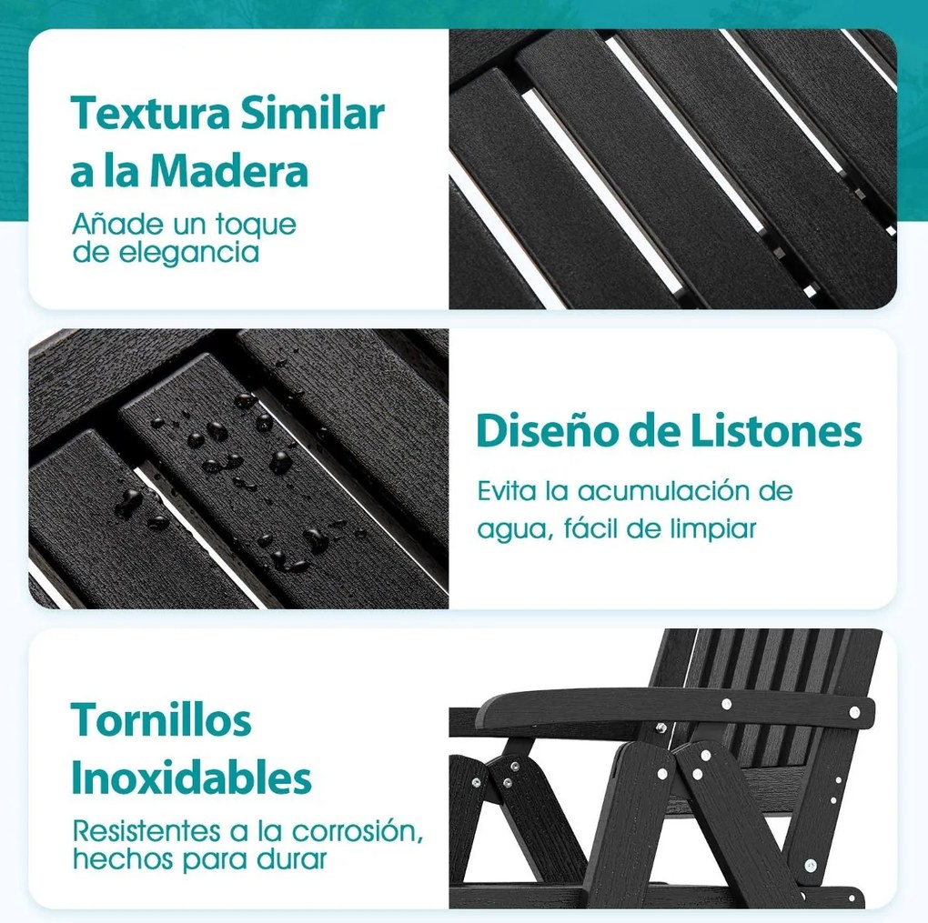 Cadeira dobrável para jardim em HDPE para todas as condições meteorológicas com apoios para os braços, encosto curvo e assento com ripas Preta