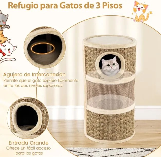 Cama para gatos de 3 andares multinível de 70 cm com arranhador de sisal Cama acolchoada para sestas Torre em forma de árvore Castanho