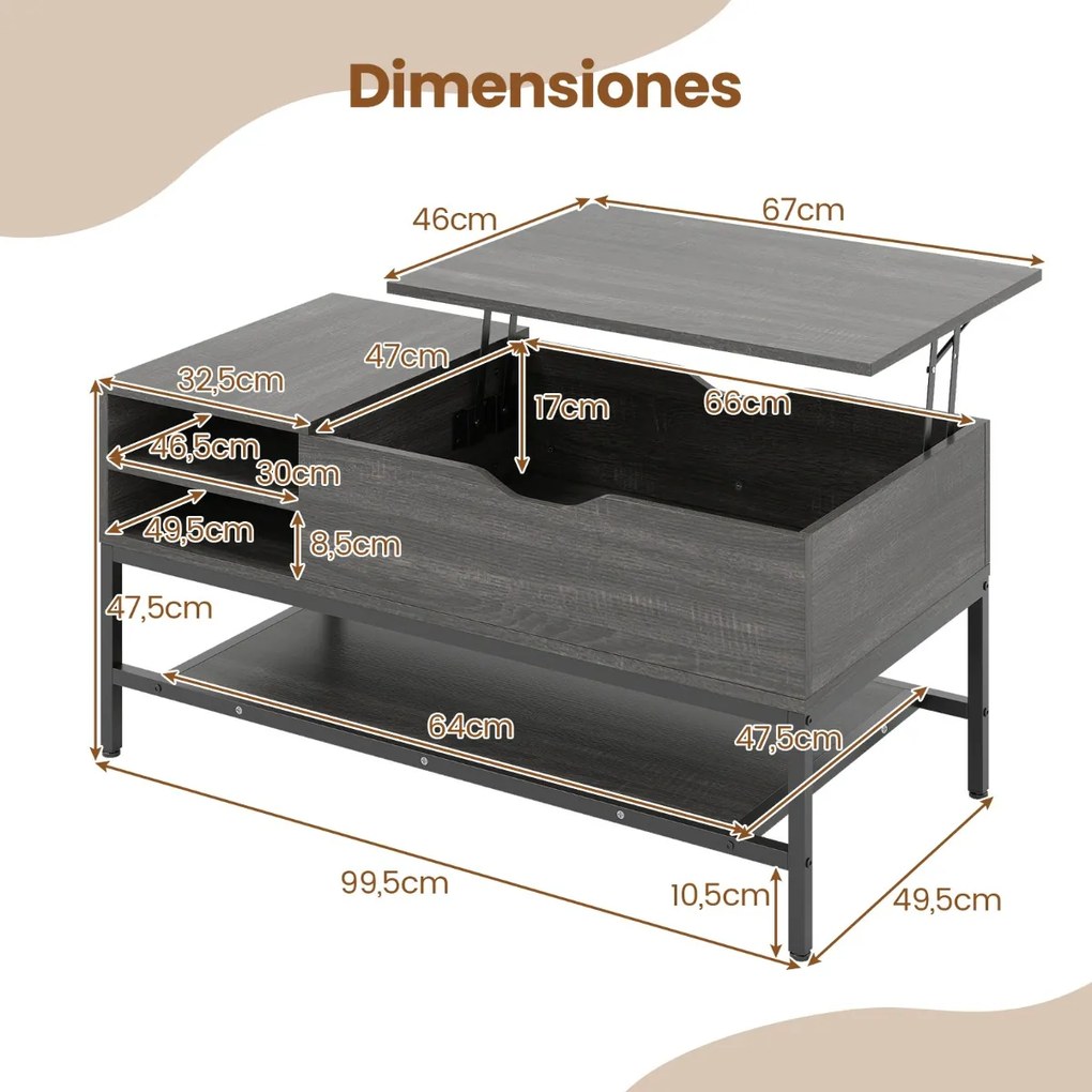 Mesa de centro elevatória 99,5 x 49,5 x 47,5 cm com compartimento oculto em madeira com prateleira de arrumação cinzenta