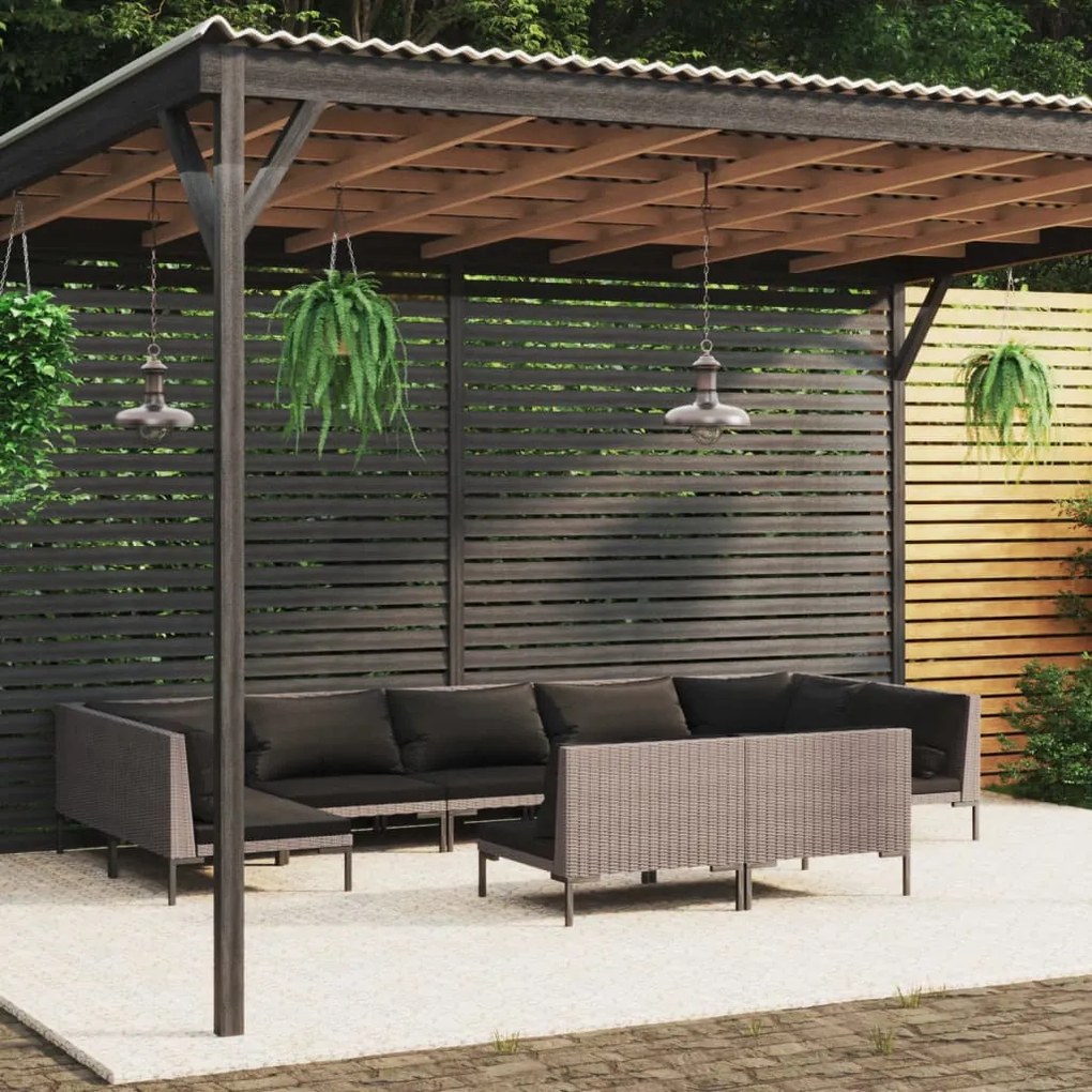 vidaXL 9 pcs conj. lounge jardim c/ almofadões vime PE cinza-escuro