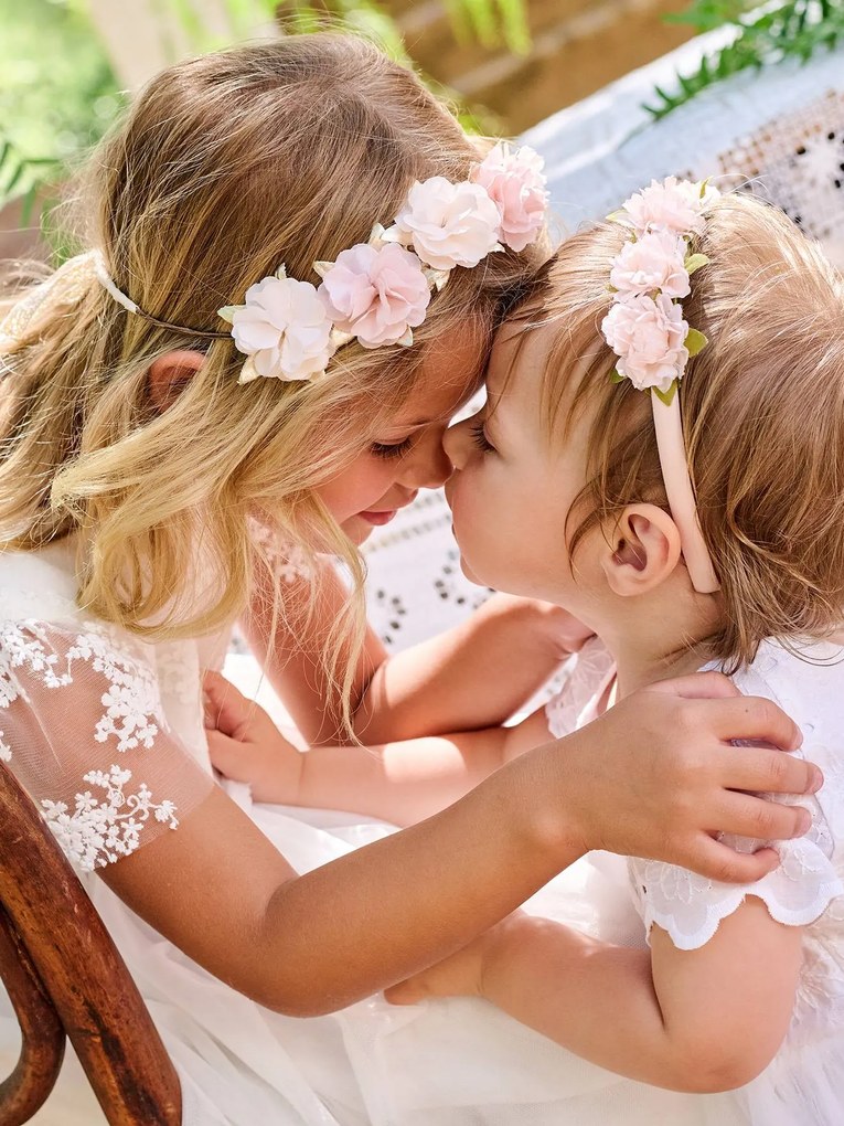 Coroa de flores nude e dourada, para menina cru