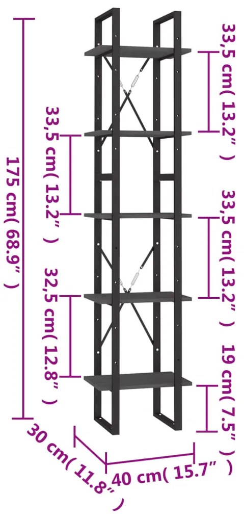 Estante c/ 5 prateleiras 40x30x175 cm madeira de pinho cinzento