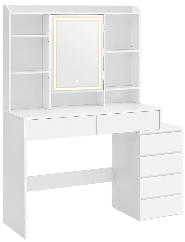 Penteadeira com iluminação LED VASAGLE com brilho ajustável, penteadeira com espelho, mesa de cosméticos com gavetas, compartimentos abertos, prateleiras ajustáveis, moderna, branca, RDT624W01