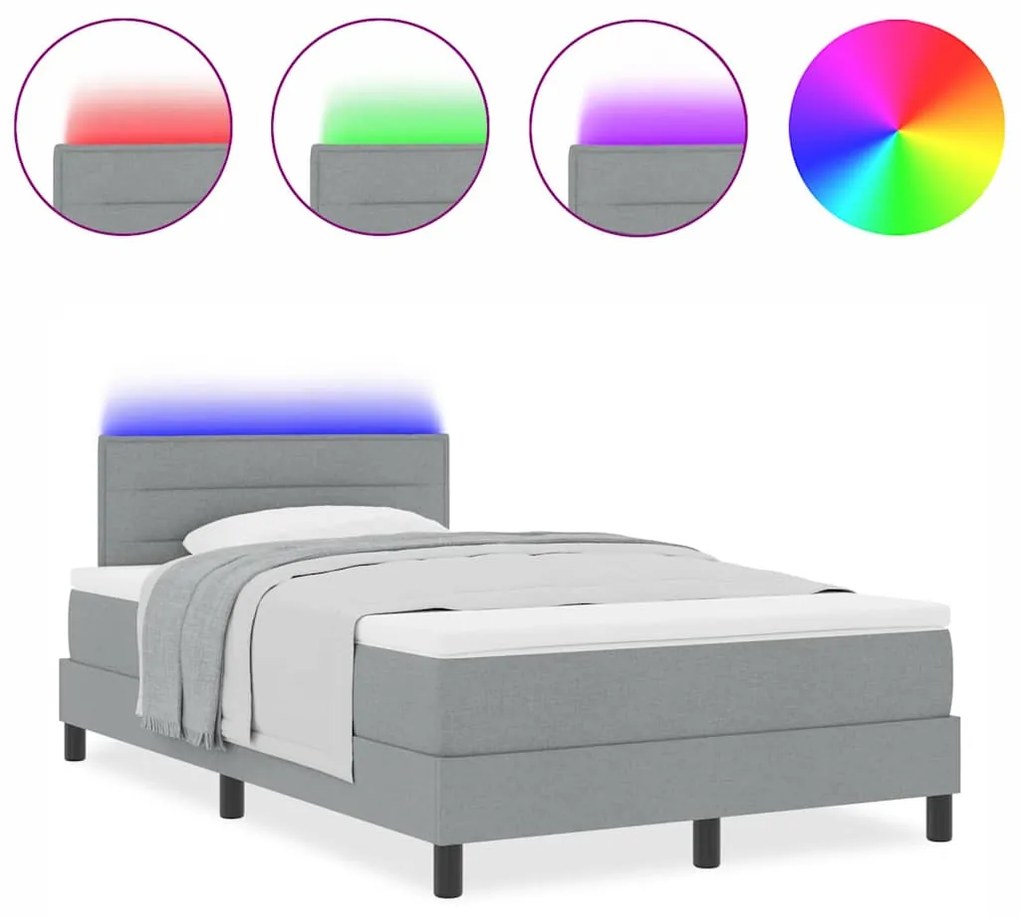 Cama Box com Colchão &amp; Luz LED Cinza 120x190 cm Tecido