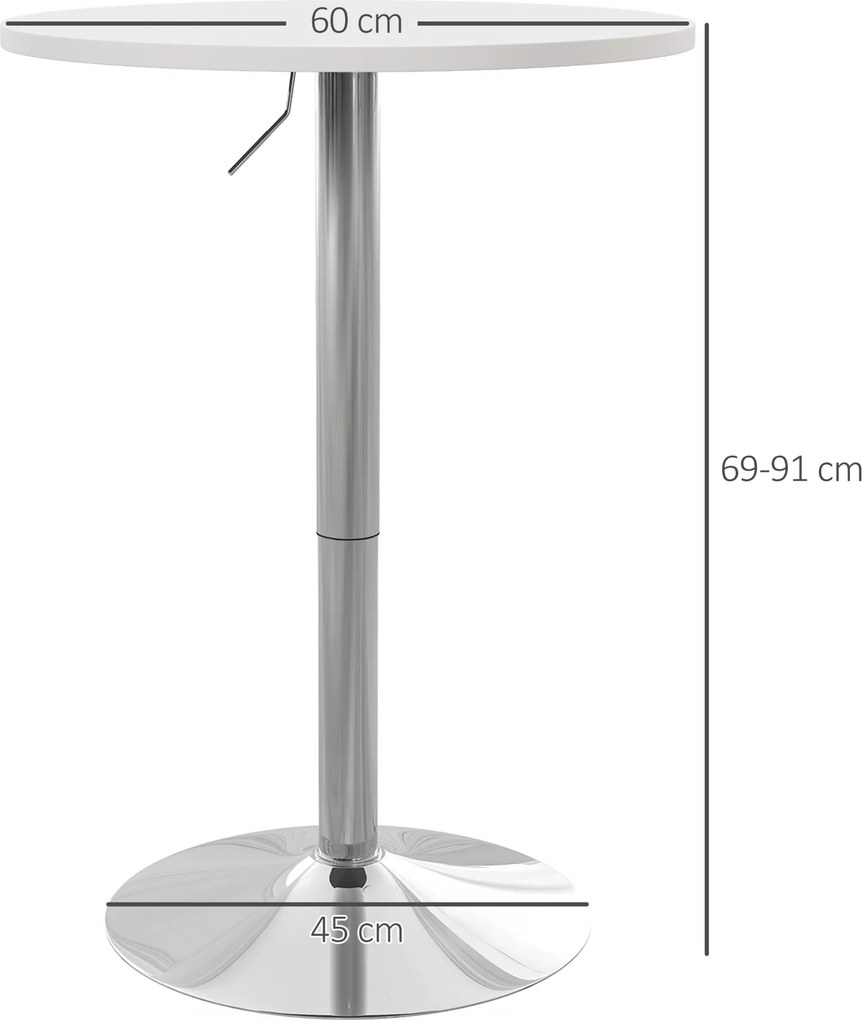 Mesa de bar redonda, mesa alta de cozinha (BANCOS NÃO INCLUIDOS) com altura ajustável 60 L x 60 P x 69-91 A cm, tampo giratório a 360°, branca e prate