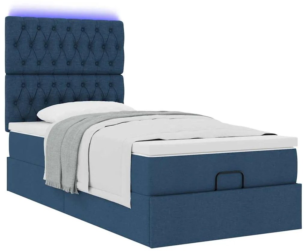 Cama Otomana com Colchão &amp; LEDs Tecido Azul 100x200 cm
