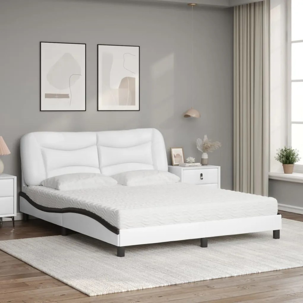 Cama com colchão 160x200 cm couro artificial preto e branco