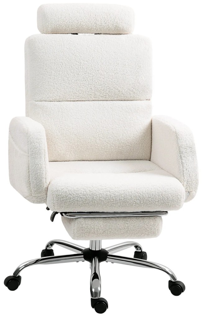 HOMCOM Cadeira de Escritório com Apoio para Pés Estofada em Borreguito Cadeira de Escritório com Encosto Reclinável Apoio de Cabeça Ajustável Encosto Alto Altura Ajustável 67x74x107-115 cm Creme