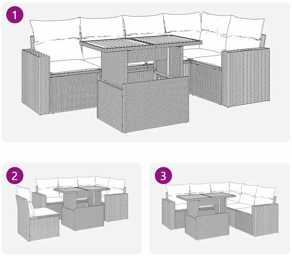 6 pcs conjunto de sofás p/ jardim com almofadões vime PE bege