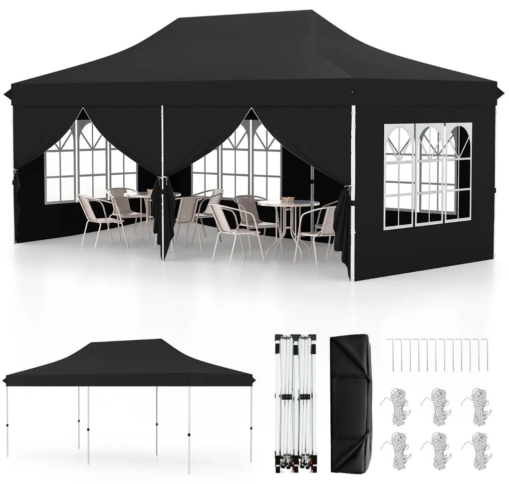 Tenda 600 x 300 cm pop-up com 6 paredes laterais removíveis para festas, casamentos, eventos com bolsa Preta