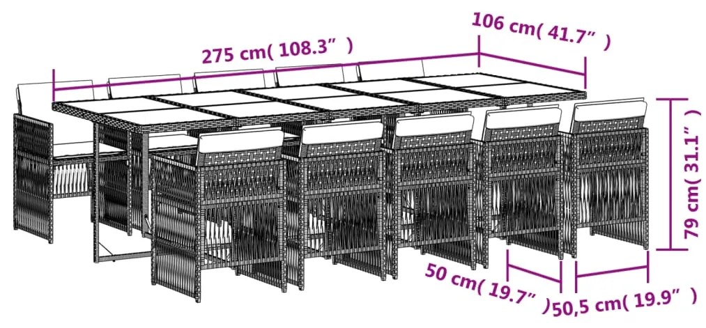 11 pcs conjunto de jantar p/ jardim com almofadões vime PE bege