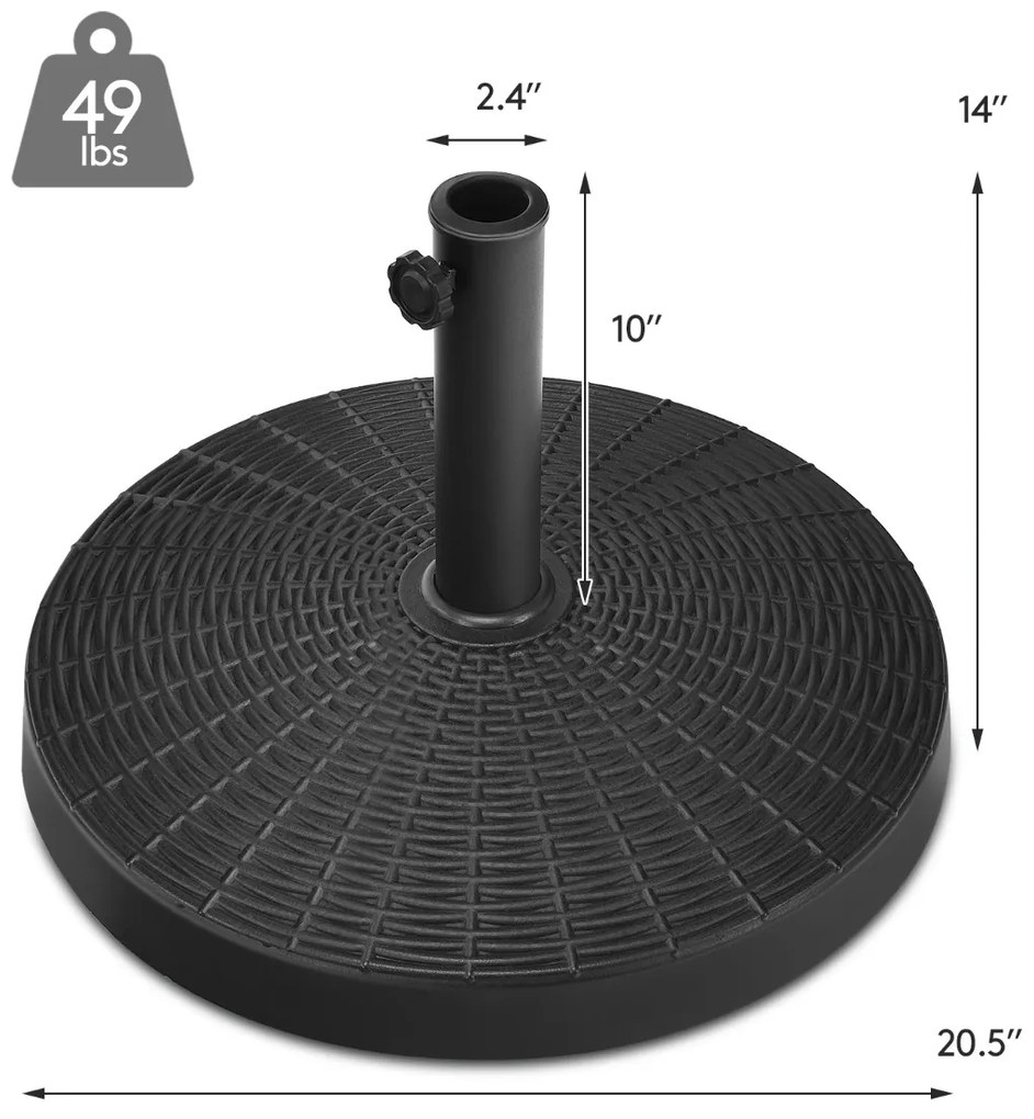 Base Redonda Guarda-sol de jardim exterior em resina de 22 kg Base redonda Design em rattan Botão ajustável Resistente à água e à luz solar