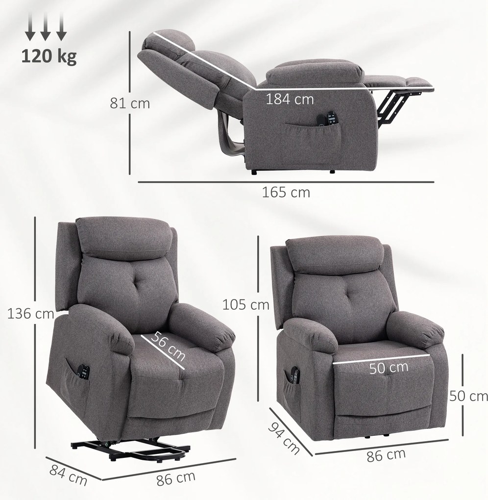 Poltrona elevatória elétrica com função de massagem e aquecimento, poltrona reclinável, portas USB, apoio para os pés, 86 x 94 x 105 cm, cinzenta