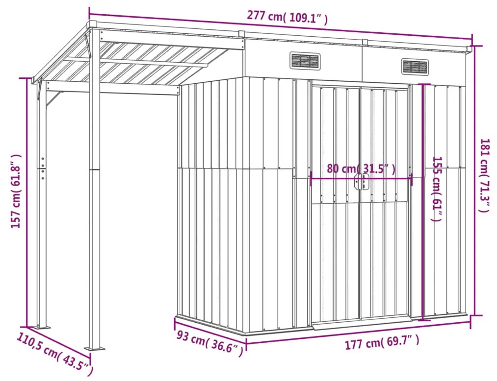 Abrigo de jardim c/ alpendre 277x110,5x181cm aço castanho-claro