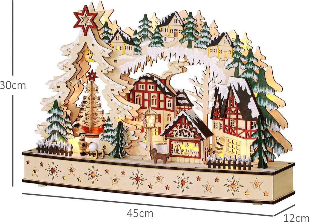 Aldeia de Natal Luminosa, 45 x 12 x 30 cm, com 20 LED, Cor Madeira Natural