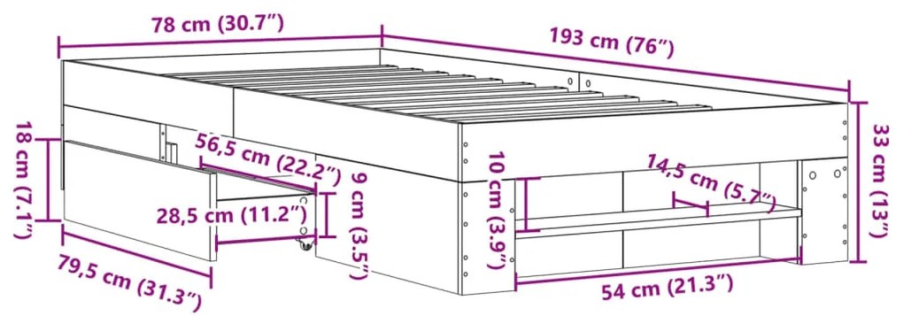 Estrutura cama 75x190 cm derivados de madeira cinzento sonoma