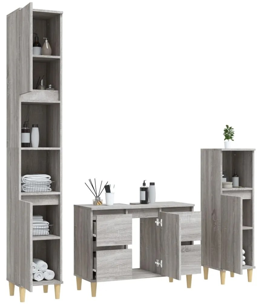 3 pcs Conjunto móveis casa de banho madeira proc. cinza sonoma