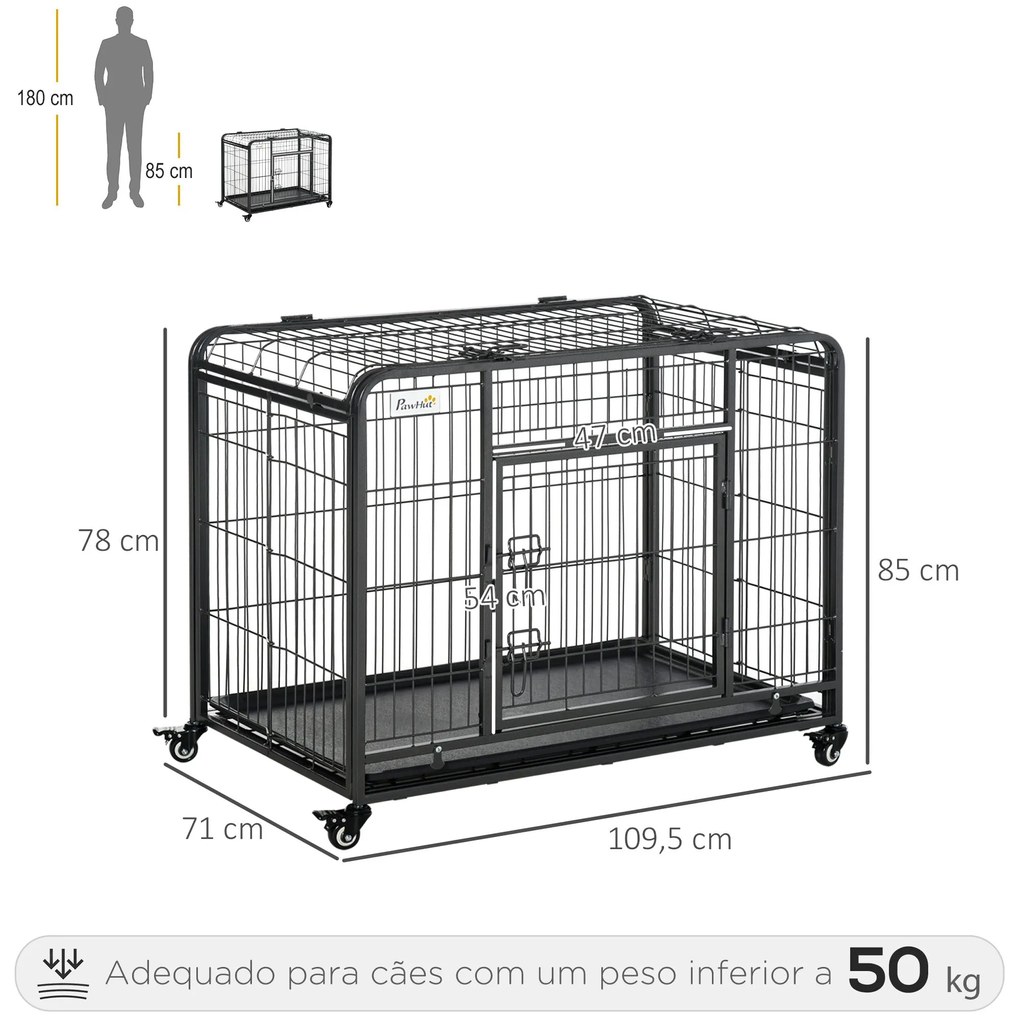 PawHut Gaiola de metal dobrável para cães com rodas e freios Bandeja r