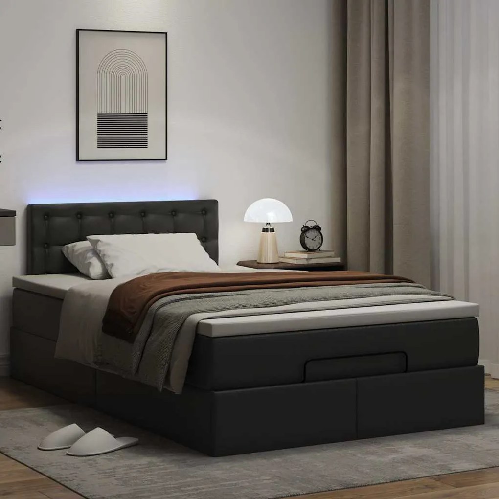 Cama otomana com colchões&LEDs 120x190cm couro artificial preto